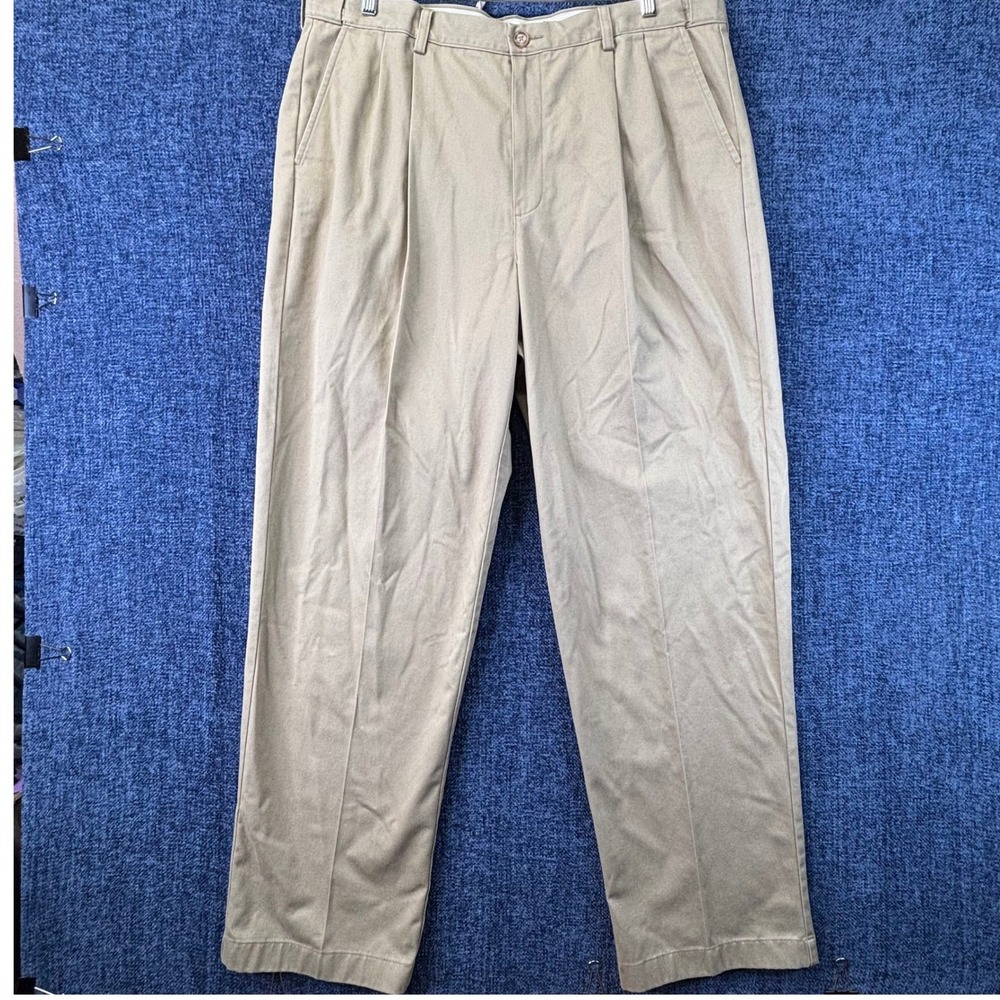 LL Bean Comfort Waist Pants Mens 40x34 Khaki Tan Cotton Pleated Chino Trousers